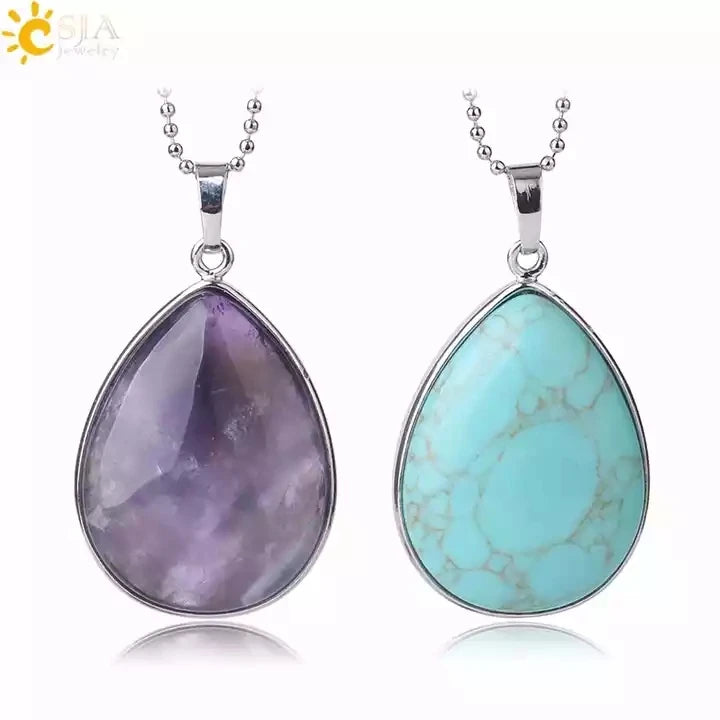 CSJA Cheap Women Trendy Water Drop Natural Healing Gemstone Pendant Crystals Amethyst Rose Quartz Stone Necklace F982
