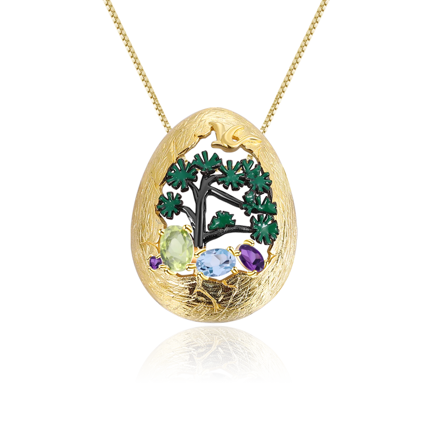 Abiding Two Tone Handmade Enamel Craft Natural Mixed Gemstone Woman Statement Jewelry 925 Silver Gold Plated Pendant Necklace