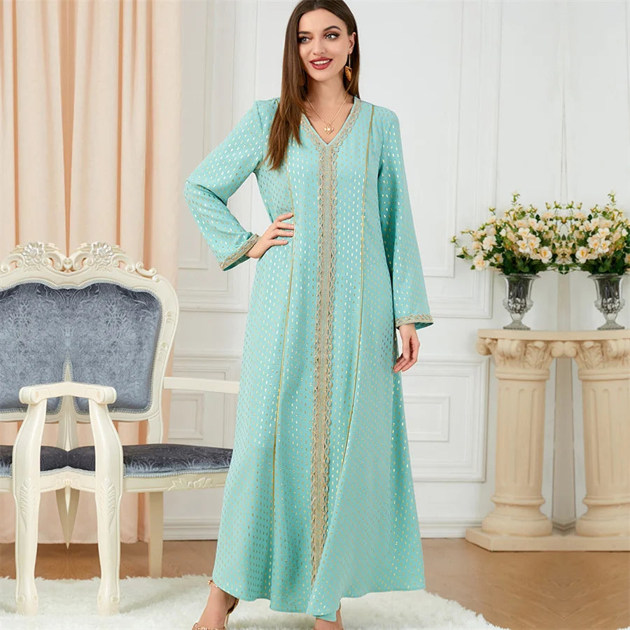 2025 Casual Maxi Abaya Dress V-Neck Long-Sleeves Islamic Abaya  With Lace Pattern Decoration Plus Size for Muslims Summer