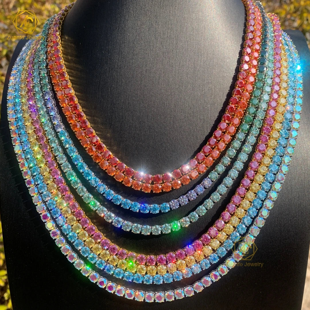 Colorful Hip Hop Jewelry Pink Blue Green GRA Certified VVS Moissanite Women Tennis Necklace 925 Sterling Silver