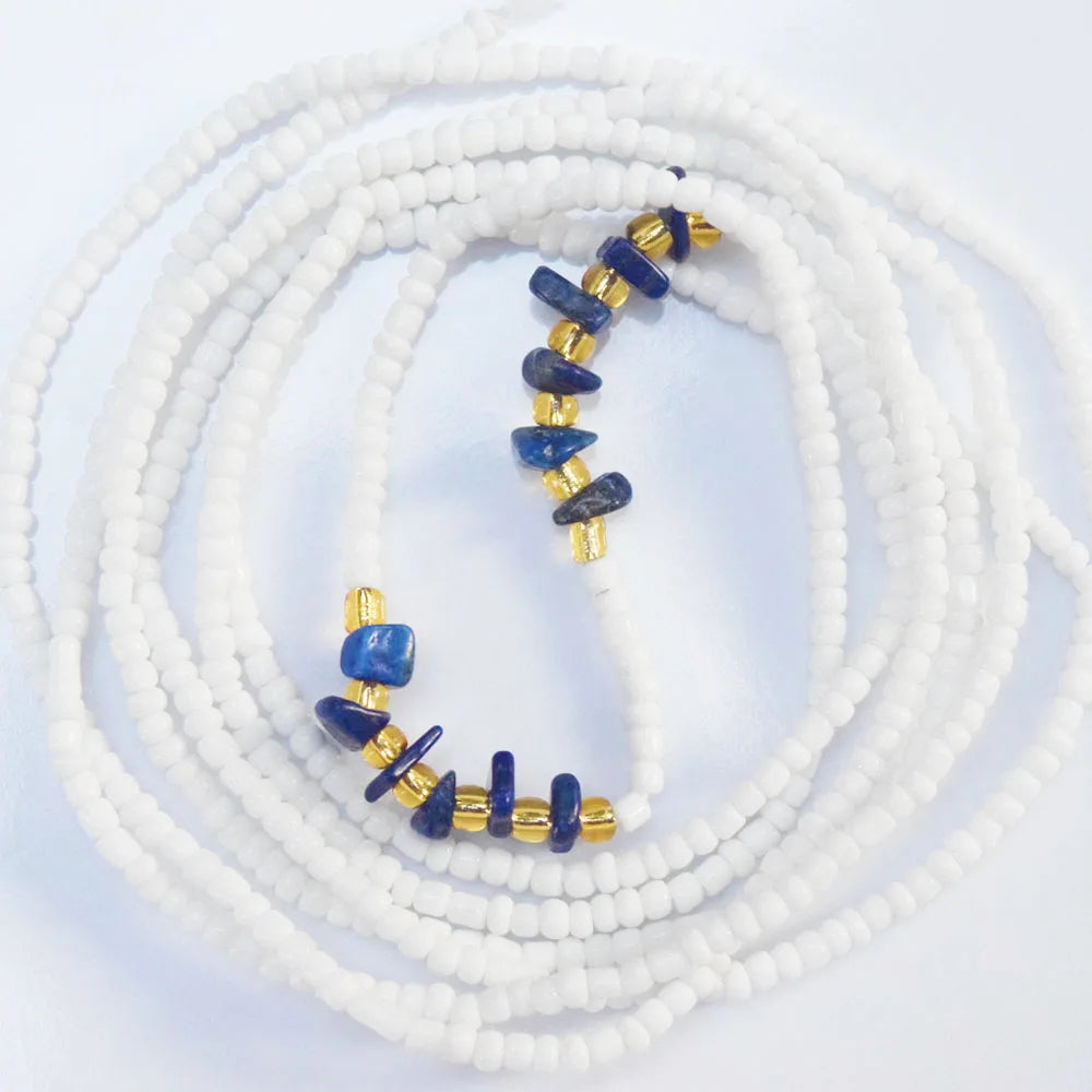 Natural Blue Lapis Stone Crystal Charm Weightloss String Adjustable Tie on African Waist Beads Belly Chain Women Body Jewelry