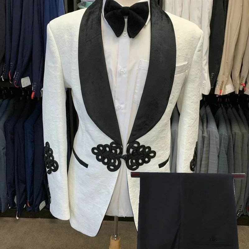 Fashion White Jacquard Black Shawl Lapel Costume Homme Men Suits Wedding Groom Tuxedo Terno Masculino Slim Fit Blazer 2 Pieces
