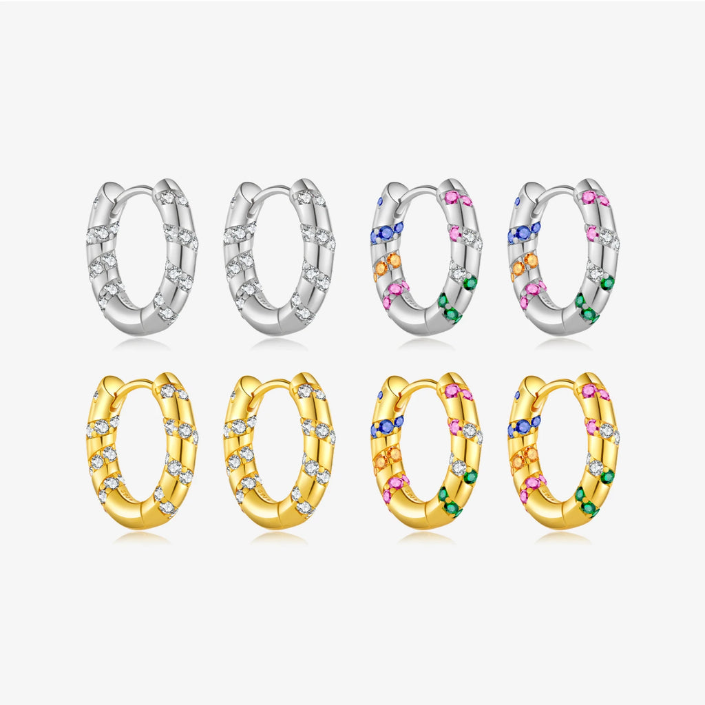 FUAMAY 925 Silver Colorful Rainbow Clips Swirl Geometrical Hoops Earring Huggies  9mm Piercing Pendiente Pave Circle Earrings