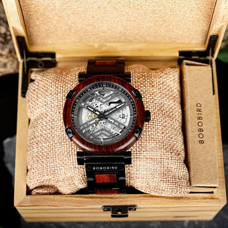 Men's Luxury Automatic Mechanical Wristwatch Top Wooden Square New Cartoon Design 22mm Band Antiqued Style