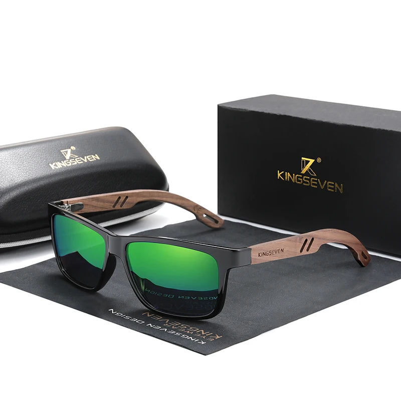 For KINGSEVEN Handmade Square Sun Glasses for Men Women Polarized Natural Black Walnut Frame TR90 Eyewear for Driving 5508 Model