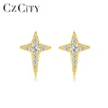 CZCITY Zircon Four Star Stud Gold Plated Woman Cute Earing Sterling 14K 925 Silver Earring