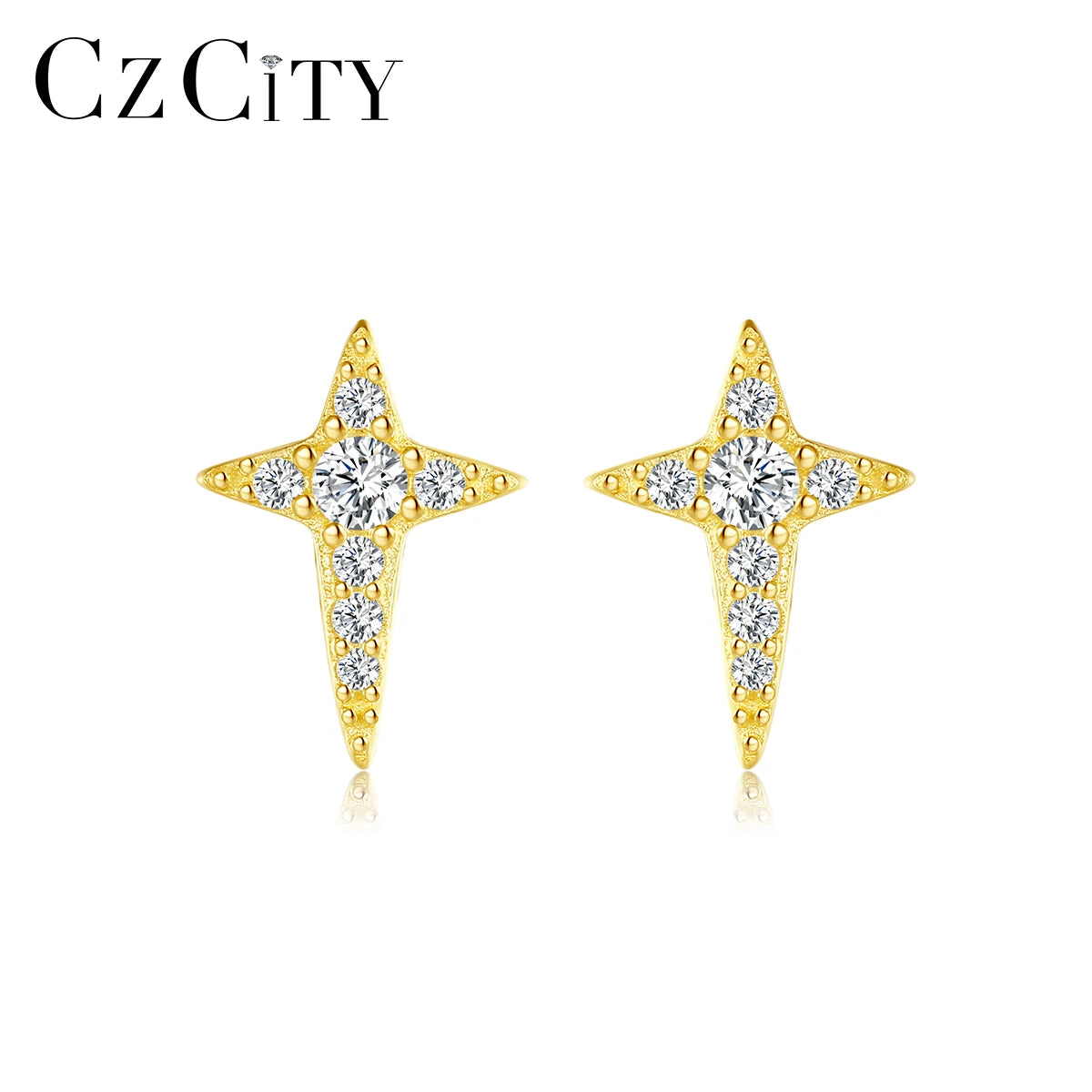 CZCITY Zircon Four Star Stud Gold Plated Woman Cute Earing Sterling 14K 925 Silver Earring