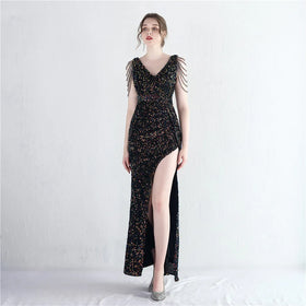 19280# Large Bead Order Style Socialite Party Split Long Short Sleeve Sequin Fishtail Dress