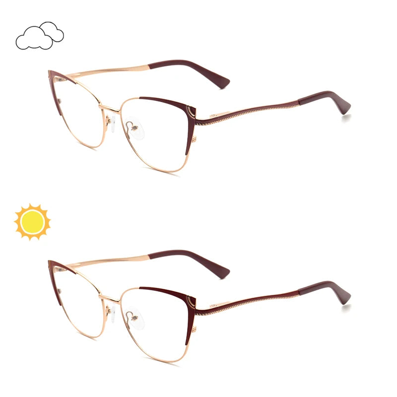 Fashion Women's Photochromic Metal Eyeglasses with Cat Eye Frame Color-Changing Temple for Diamond-Shaped Face for Ladies