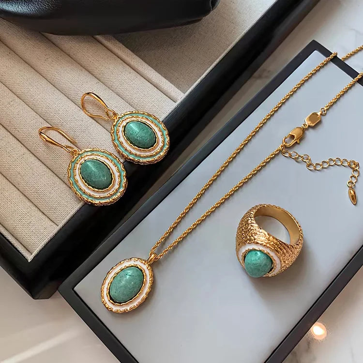 Premium Vintage Natural Celestial Stone Enamel Pendant Necklace Earrings Logo Jewelry Set Customized