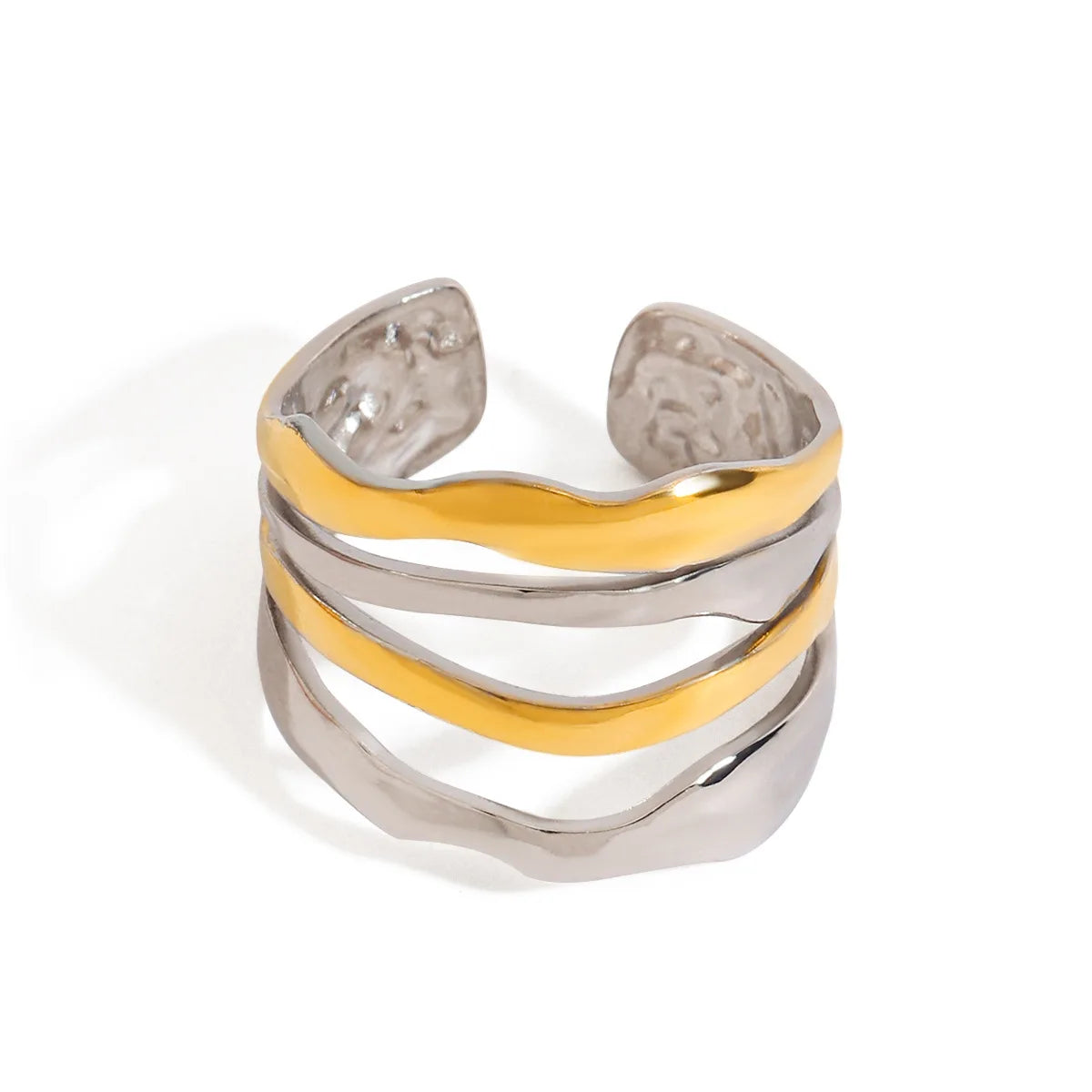 18K Gold Stainless Steel Gold Silver Multi Layer Line Open Ring for Women Minimalist Adjustable Design