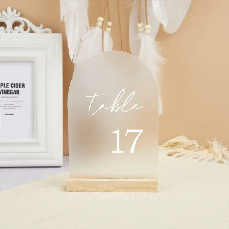 Frosted Wedding Arch Acrylic Table Number Holder With Wood Place Cards Stand Signage Frosted Acrylic Round Sign
