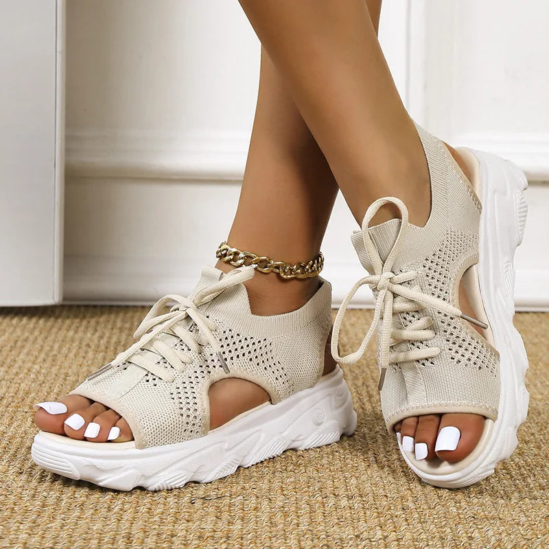Women Summer Knit Quick Dry Lace up Anti Slip Comfort Breathtabel Flat Sandals