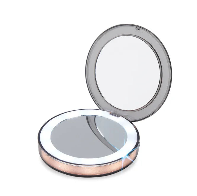 Mini Size Portable Round LED Folding Make up Mirror with Chrome Finish and Plastic Frame USB Chargeable 1X-3X Magnify