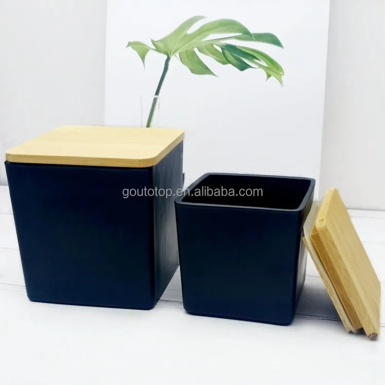 Wholesale Square Black Glass Candle Container Jars With Wooden Lid for Making Candles