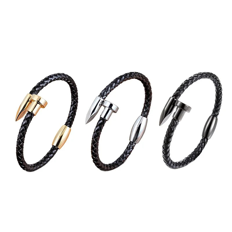 Fashion Unisex Nail Bracelet Simple Casual Bracelet Steel Wire Leather Rope Braided Hand Rope Accessories