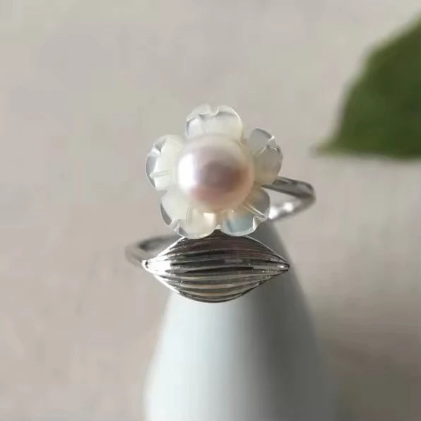 Fashion Jewelry S925 Sterling Silver Pink Freshwater Pearl Flower Open Ring