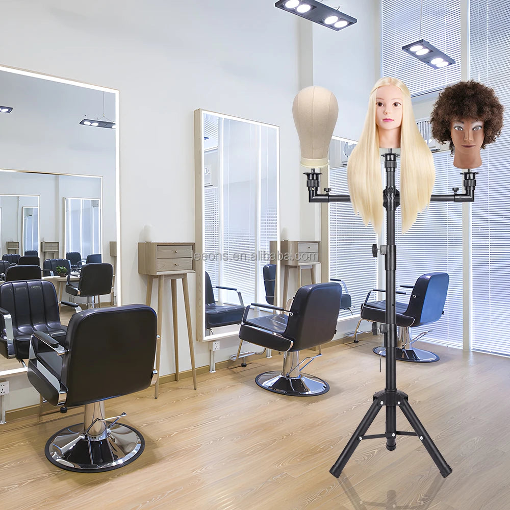 Leeons Professional Iron Black Flexible Heavy Duty 3-in-1 Salon Wig Display Tripod Adjustable Mannequin Head Wig Stand