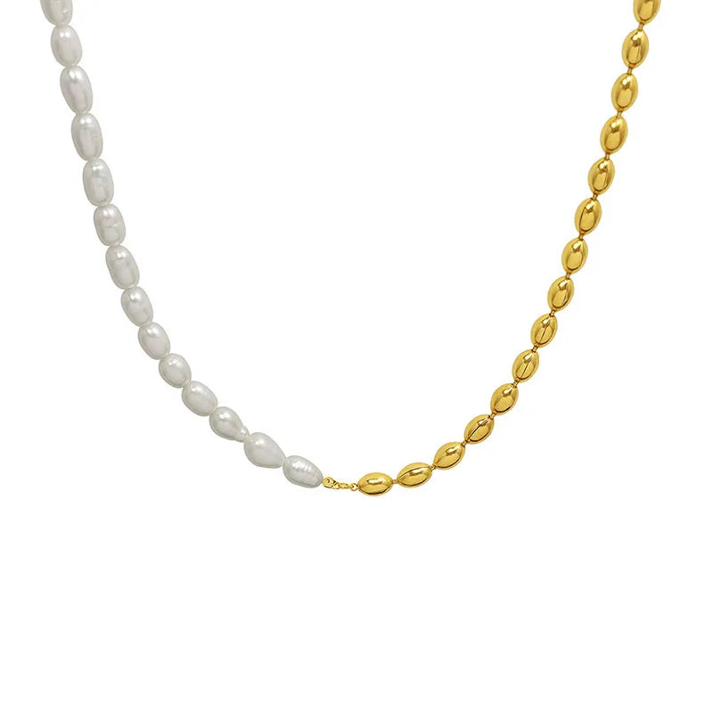 Joolim Jewelry 18K Gold Plated Oval Beads Chain Necklace Dainty Necklace Mixed Freshwater Pearl Necklaces Trendy Stainless Steel