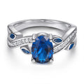 Luxury Oval Cubic 1.5CT Blue Zirconia White Gold Colour Customized Engrave Logo Silver Ring for Party