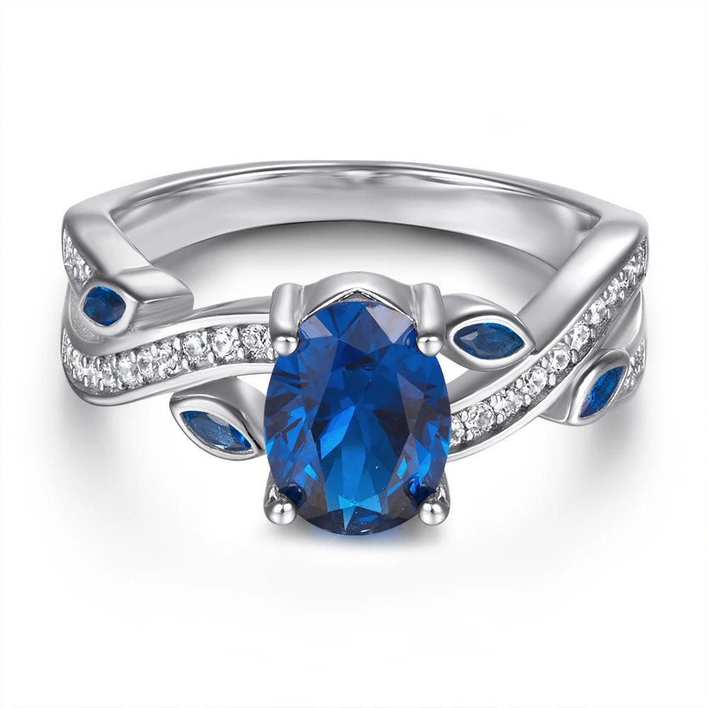Luxury Oval Cubic 1.5CT Blue Zirconia White Gold Colour Customized Engrave Logo Silver Ring for Party
