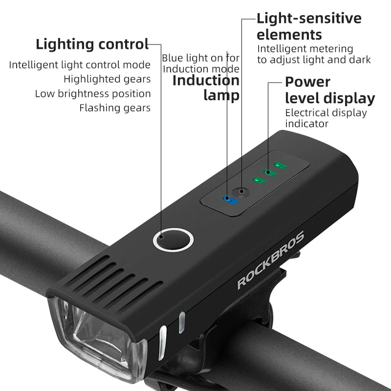 For Waterproof 1500mAh 250 Lumens 4 Modes Bicycle Flashlight Smart Induction USB Rechargeable Bike Head Light
