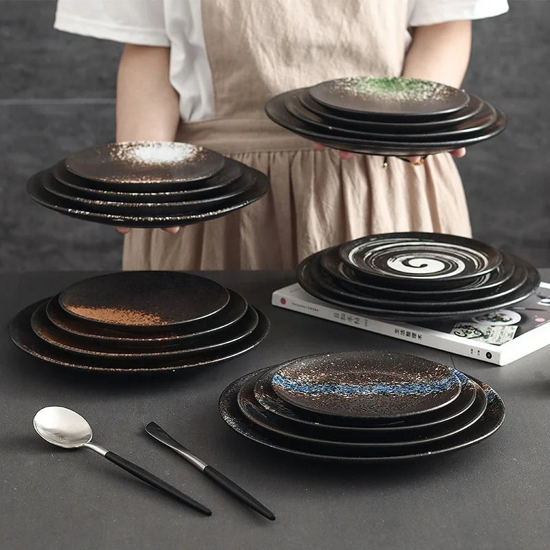 10 Inch Large Porcelain Round Plate Sets Flat Colorful Pattern Dining Plates for Kitchen