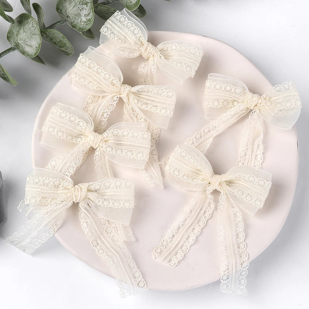 CN 6Pcs Elegant Beige Lace Hair Bow Clip Baby Kids Organza Handmade Hair Clip for Girls Accessories