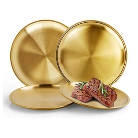 Gold 14cm 17cm 20cm 23cm 26cm 30cm Restaurant Camping Stainless Steel BBQ Dishes Round Steak Serving Pizza Tray Dinner Plates
