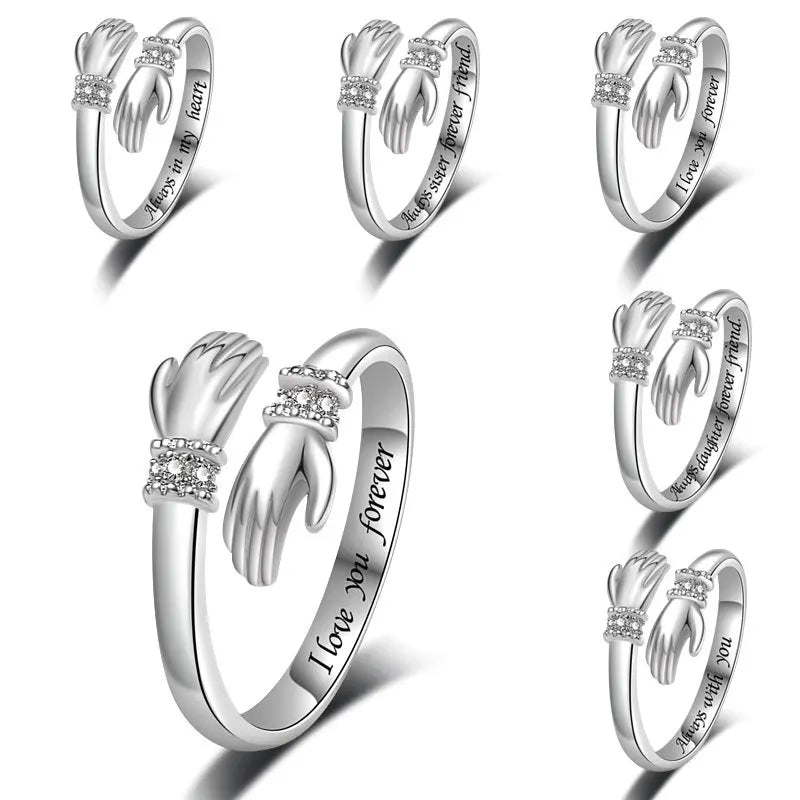 Daidan Hug Ring Silver Adjustable Engraveable Best Friend Letter Hug Couple Hand Ring