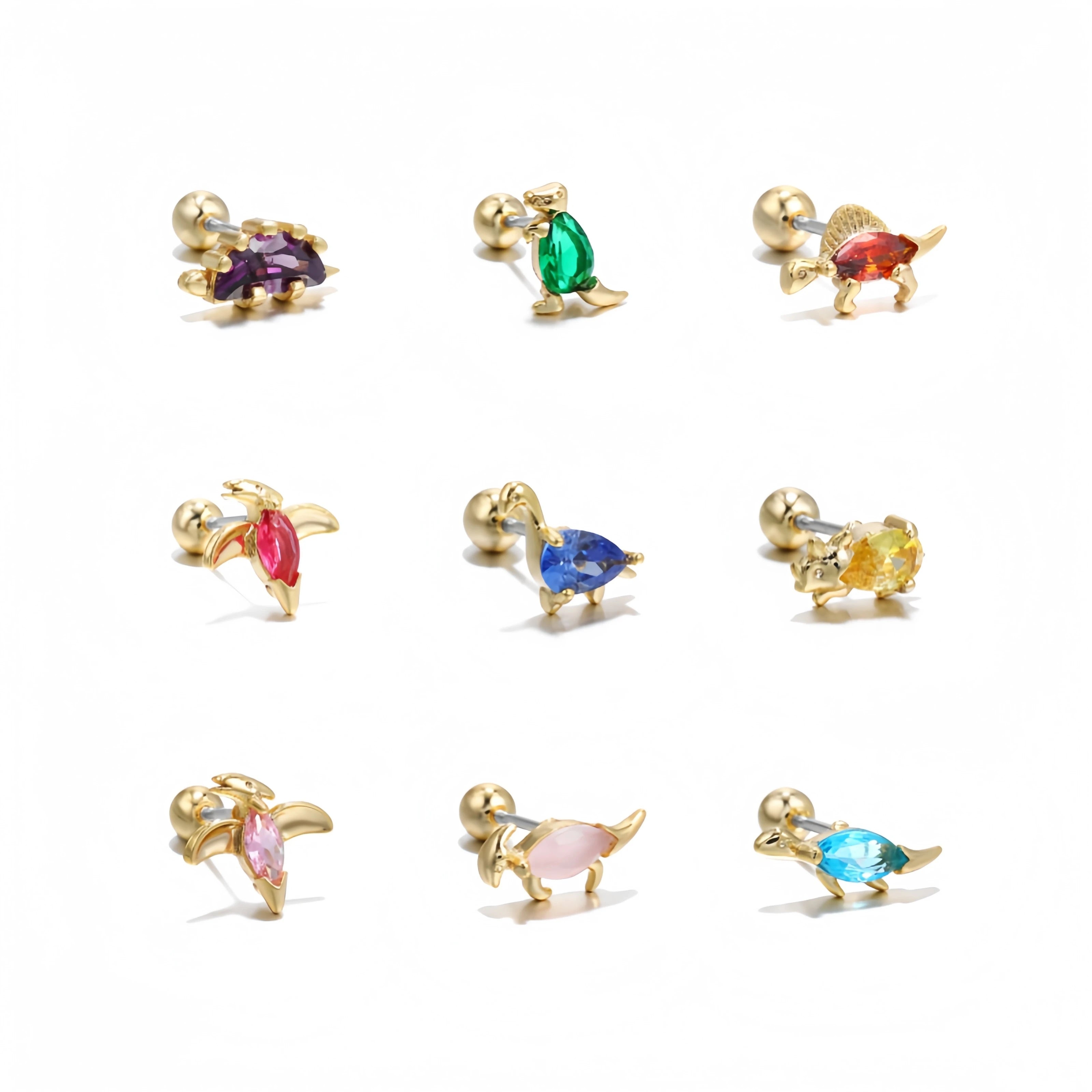Cute Little Dinosaur Ear Bone Nail Micro-Inset Color Zirconium Gold Plated Earrings Animal Piercing Fashion Jewelry for Women