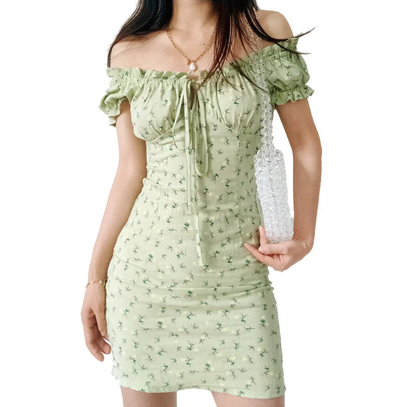 Women Slash Neck Shirred Back Floral Print Mini Dress in Sage Green Tie Front Cotton Mini Dress