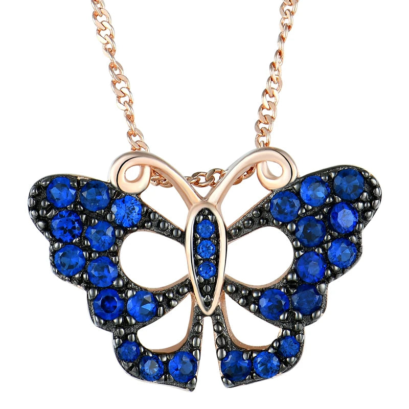 Rose Gold Plated Blue CZ Sapphire Butterfly Pendant Necklace 925 Sterling Silver Playful Design Butterfly Necklace for Women's