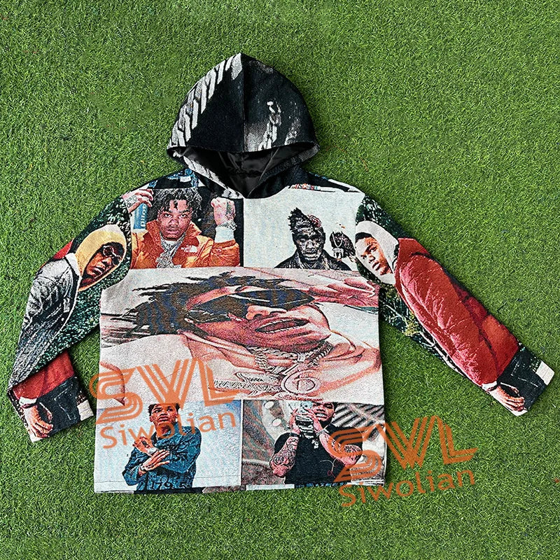 Hip Pop Design Custom Jacquard Tapestry Hoodie for Men New Fashion Woven Tapestri Sweatshirt US Size Hoodie