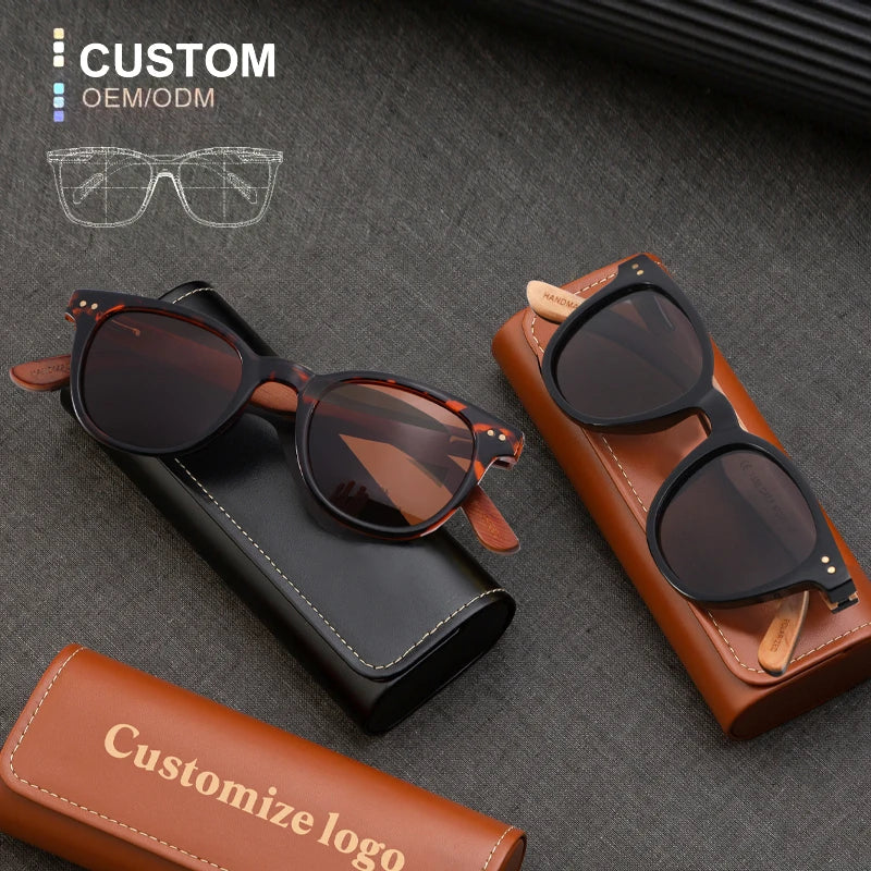 2026 Custom Logo Print Wood Sunglasses Round Womens Fashionable Popular Handmade Bamboo Polarized Black Men Sunglasses