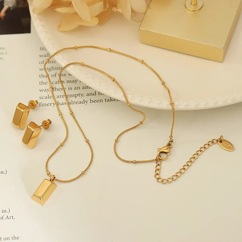 Minimalist Titanium Steel Jewelry Set Geometry Square Pendant Necklace Earrings Set Stainless Steel Jewelry Set for Women