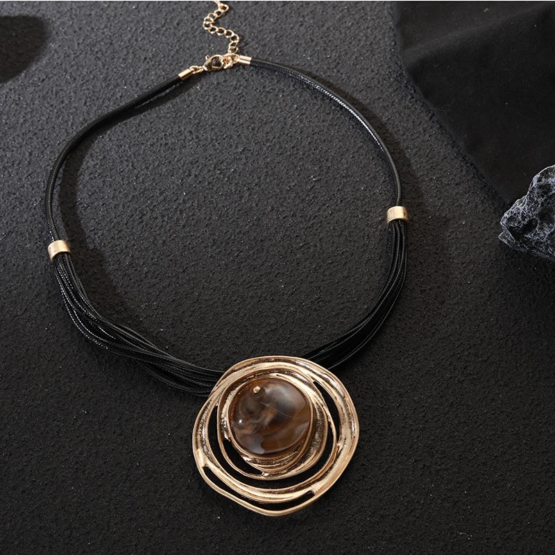 TongLing European Geometric Round Resin Necklace Women Multilayer Vintage Pendant Necklaces for Daily Wearing