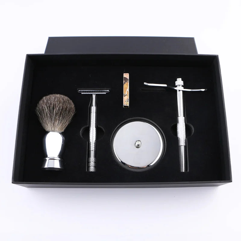 RTS Private Label Mens Shaving Kit Brass Double Edge Safety razor with Stand Badger Hair Shaving Brush MegaBDM