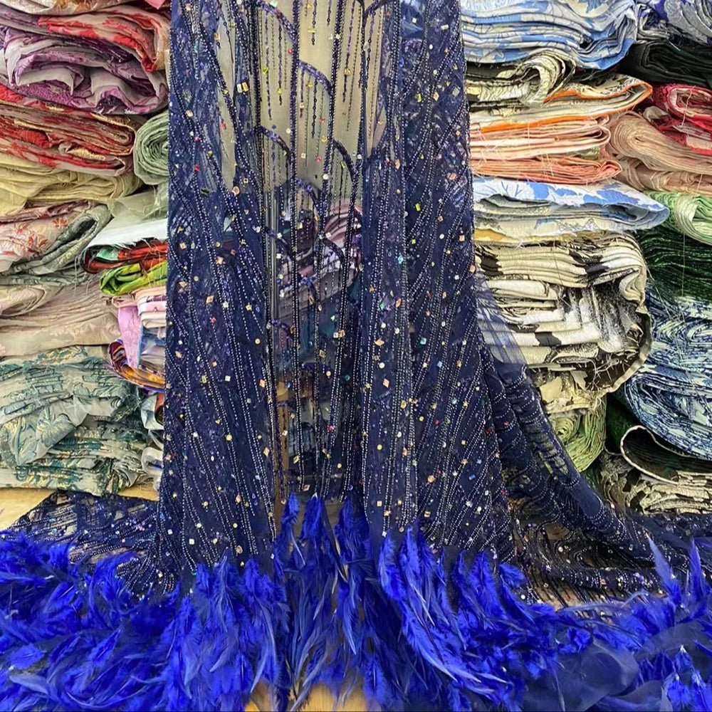 Luxury New Fashion Unique African Sequins Feathers Lace Fabric With Shinning Beads and Rhinestone for Wedding