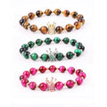 New Fashion CZ Crown Charm Natural Gemstone Agate Tiger Eye Imperial Stone Beaded Elastic Bracelet Women JBS11369
