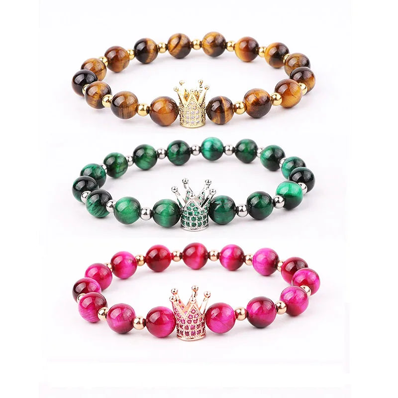 New Fashion CZ Crown Charm Natural Gemstone Agate Tiger Eye Imperial Stone Beaded Elastic Bracelet Women JBS11369