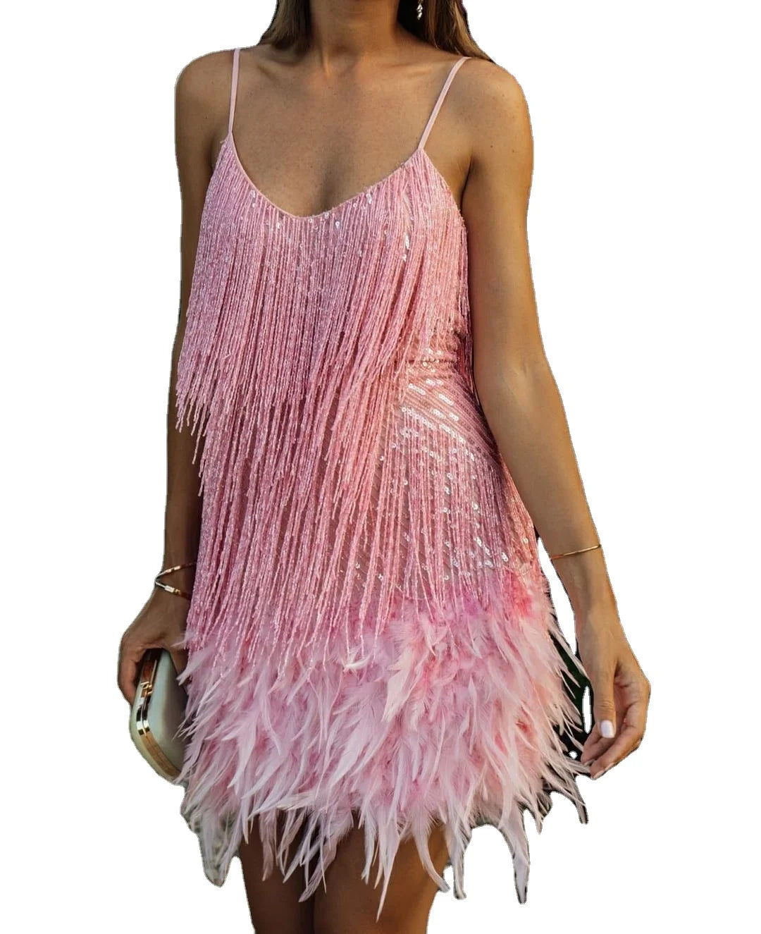 Fashionable Fringe Sequin Feather Patchwork Dress slip Dress