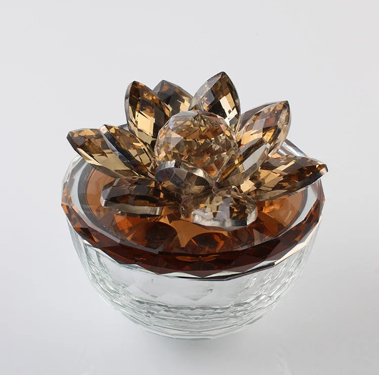 Amber Diamond Glass Dish Crystal Jewelry Trinket Boxes with Lotus Lid MH-QT0467