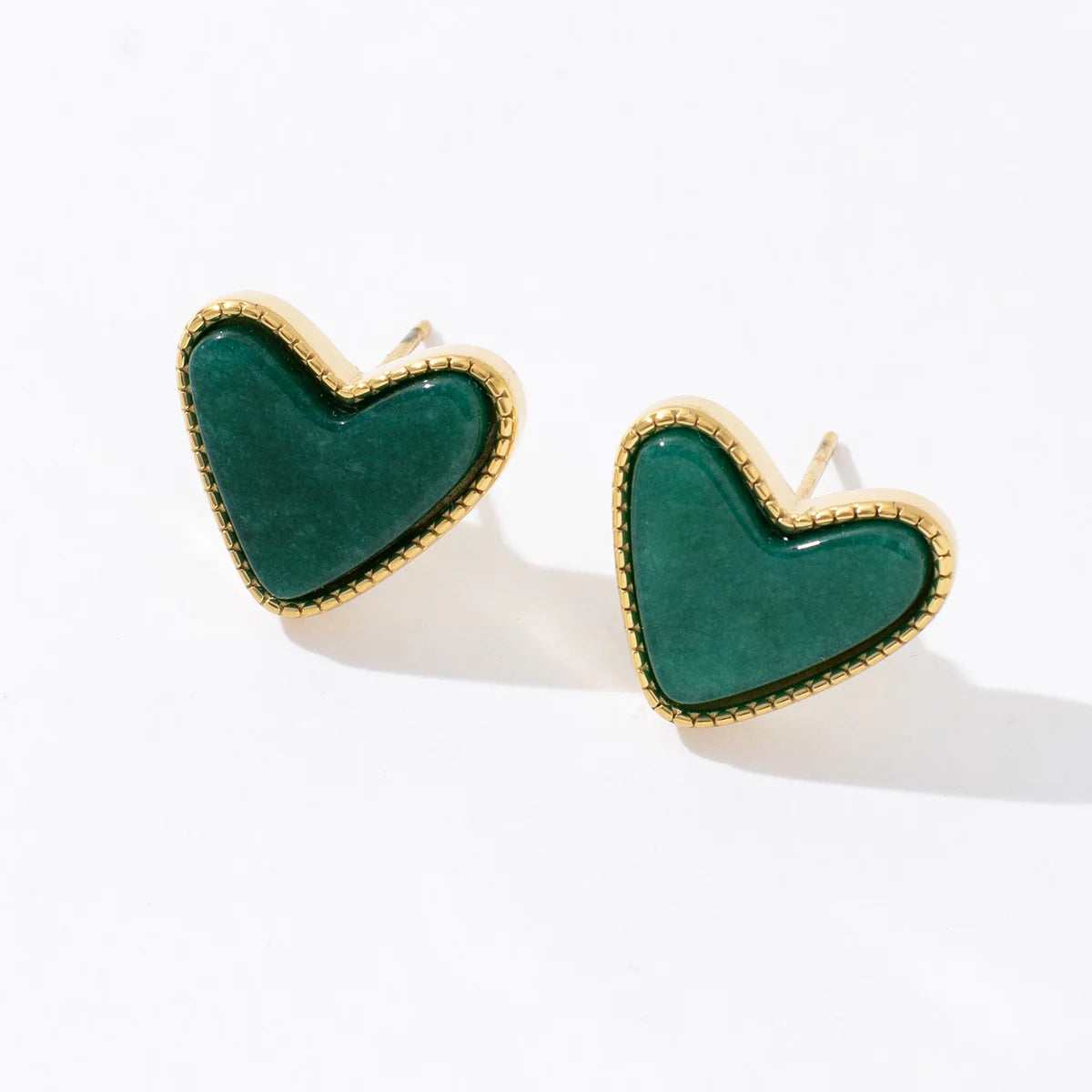 Korean Fashion Small Green Stone Waterproof 18k Gold Stainless Steel Heart Stud Earrings