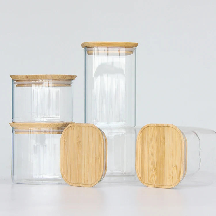 Wholesale Borosilicate Glass Jar with Bamboo Lid 500ml 800ml 1200ml High Borosilicate Glass Container Candle Jar