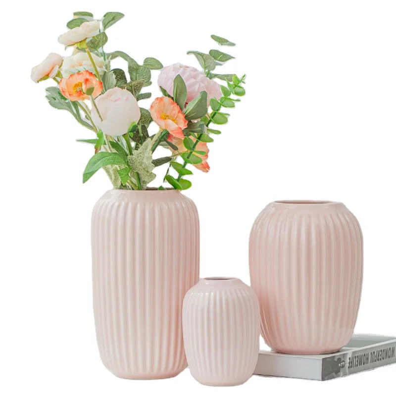 Modern Big Oval Shaped White Pink Green Ceramic Flower Vase Cylinder Bouquet Holder Vase