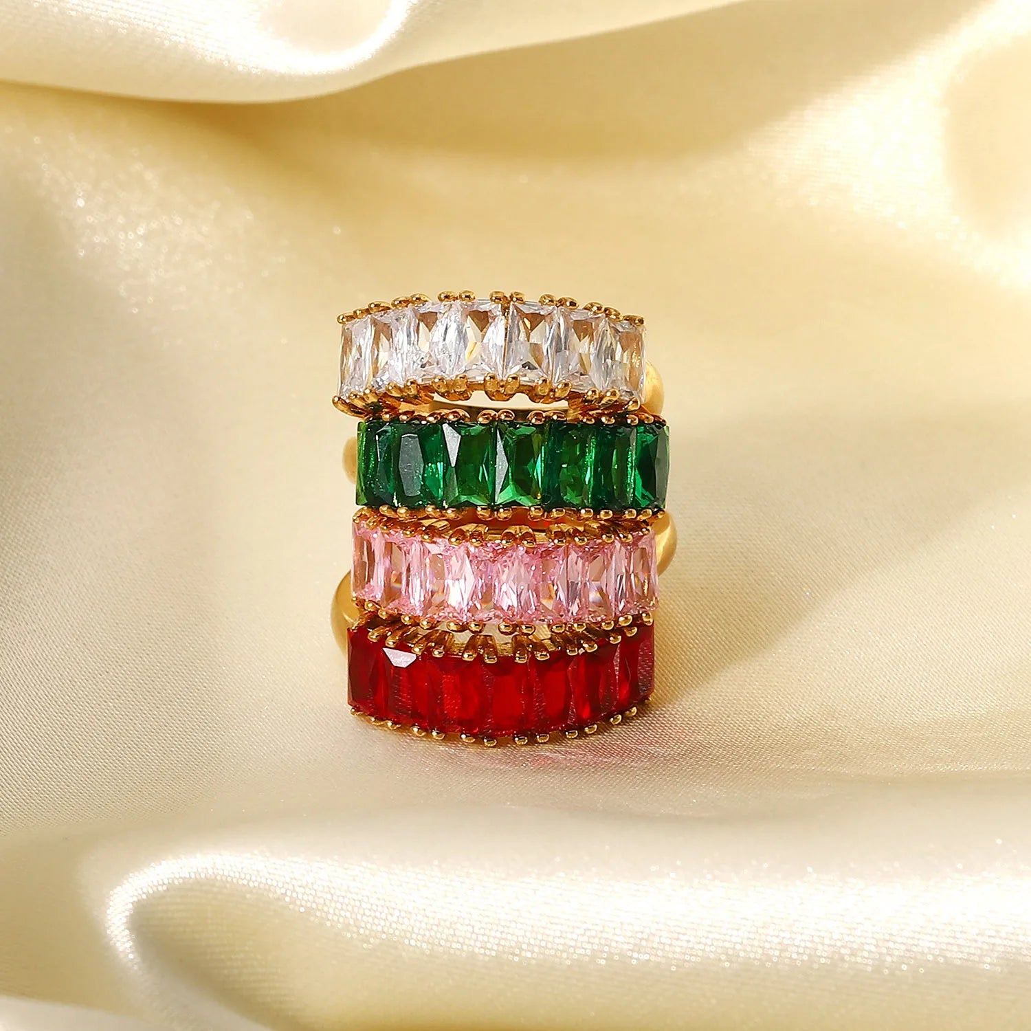 Aimgal Fashion Jewelry 18k Gold Plated Stainless Steel Ring Rainbow Zircon Single Row Diamond Ring