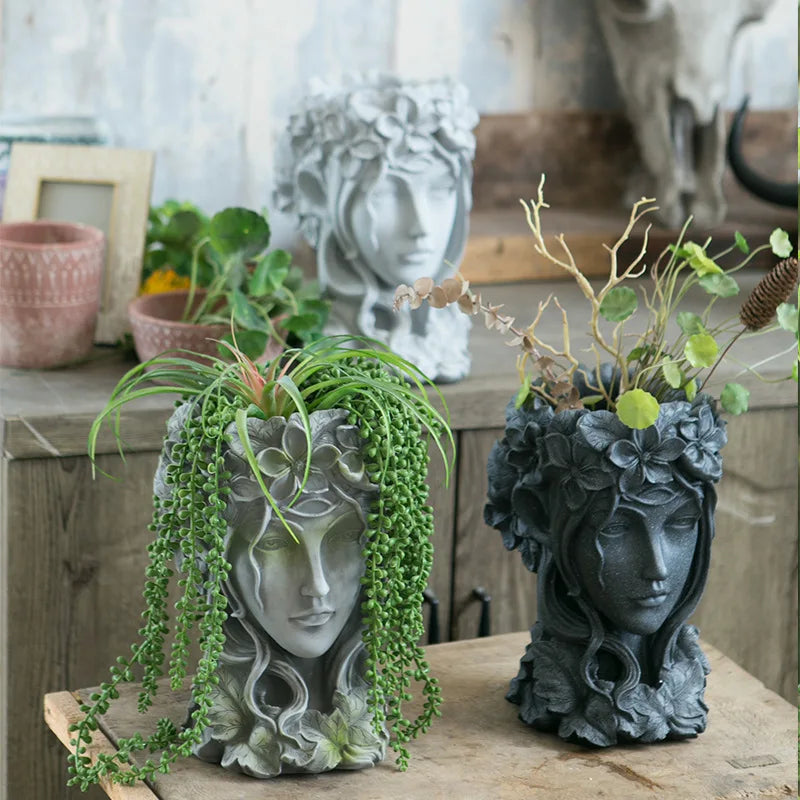 Creative Ceramic Succulent Pot with Human Face Statue Mini Indoor Home Decorative Flower Planters for Desktop or Home Use