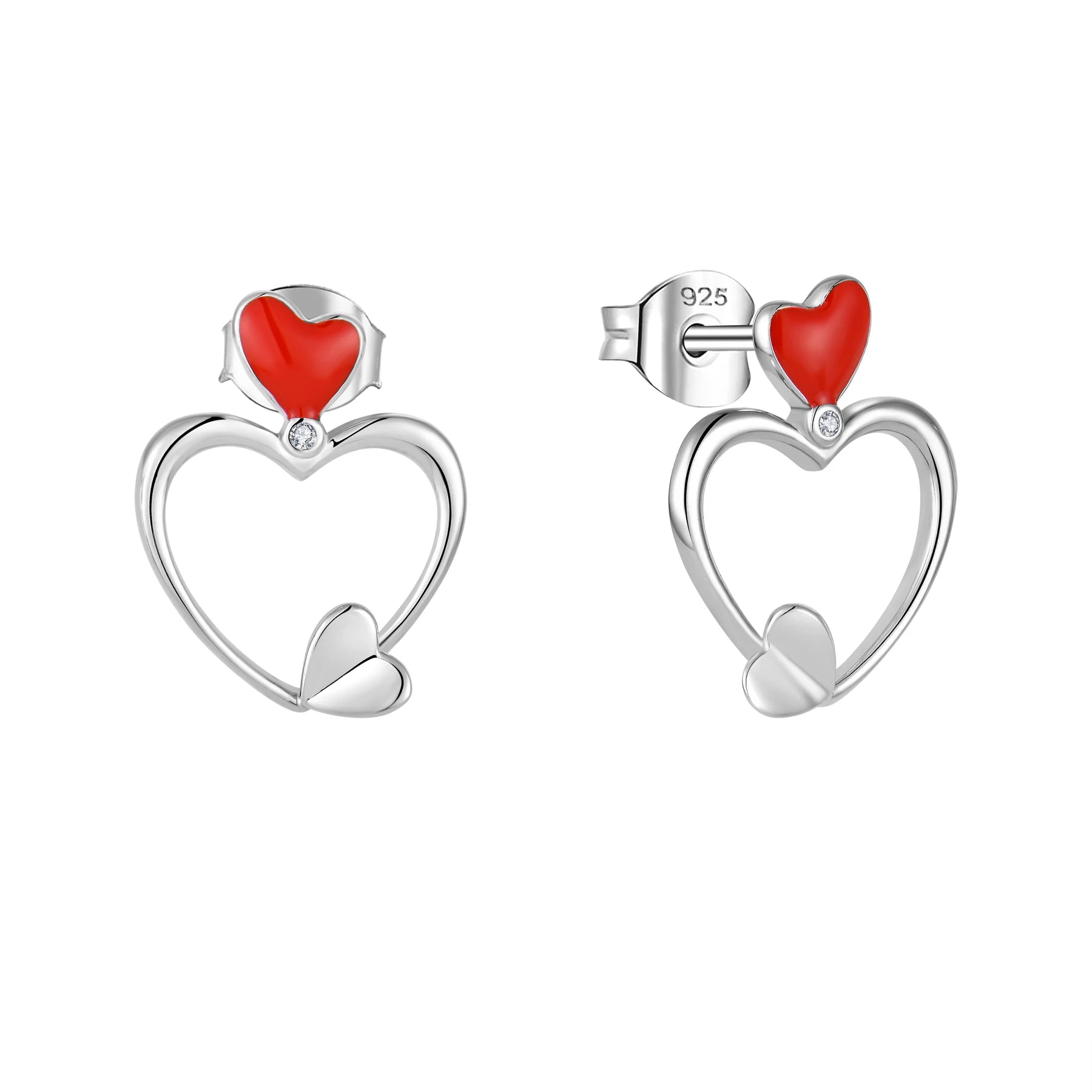 Mini White Zirconia Enamel Heart 925 Red Earrings Sterling Silver Wholesale Oem Odm Custom Trendy Romantic Rhodium Plated Women