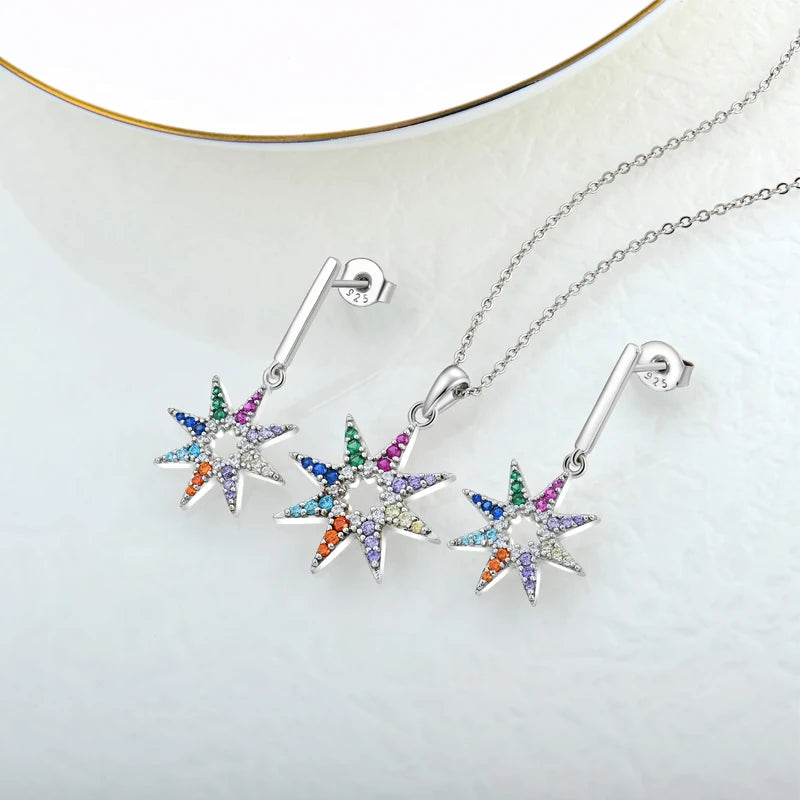 925 Sterling Silver Rainbow Starburst Earrings and Necklace Set Cubic Zirconia Trendy Colourful Star CZ Jewelry Set